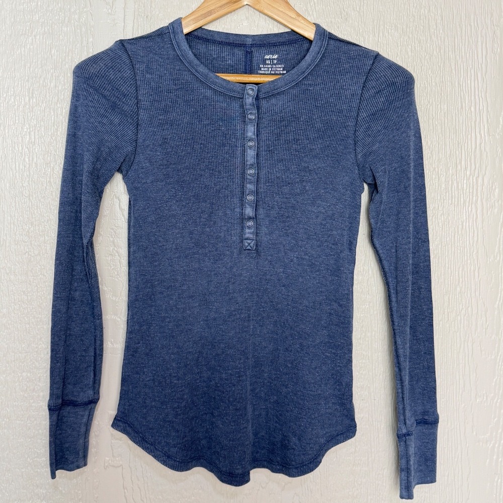 Aerie Womens Blue Ribbed Henley Long Sleeve Top Size XS Slim Fit Marled Knit